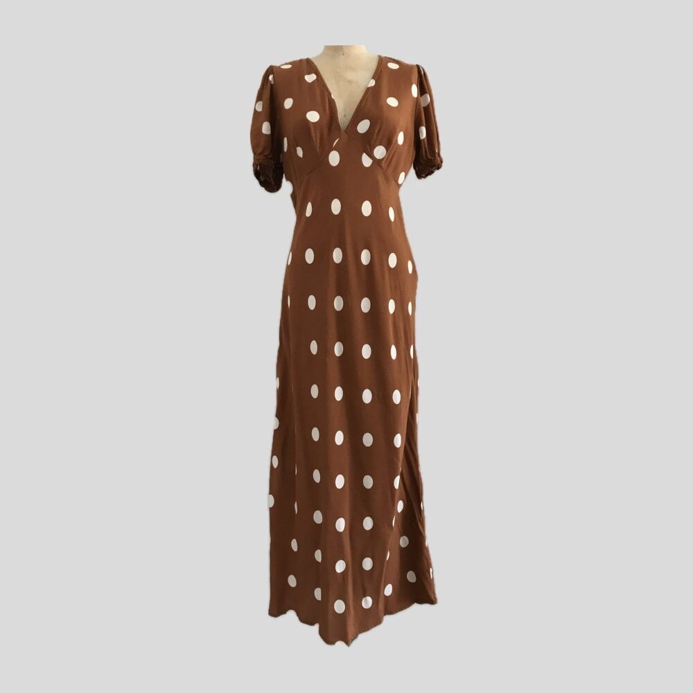A New Day Brown Polka Dot V Neck Long Short Sleeve Midi Dress Women's S